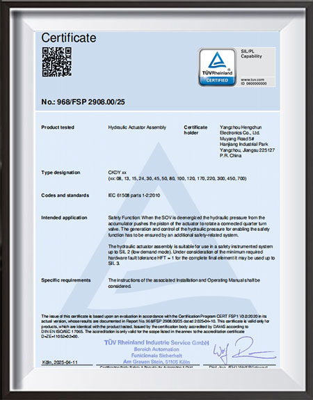 Электрогидравлические приводы --- Сертификат TÜV-Rheinland-SIL.